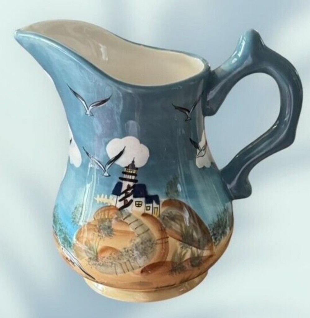 Pitcher Water Vase Vintage Lighthouse Ocean View Ceramic